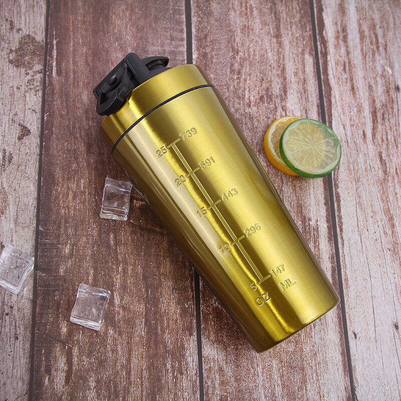 Stainless Steel Protein Shaker Bottle Gym Shake Kettle Sports Milk Shake Mixer Water Bottle Whey Protein For Fitness BPA Free: Goud