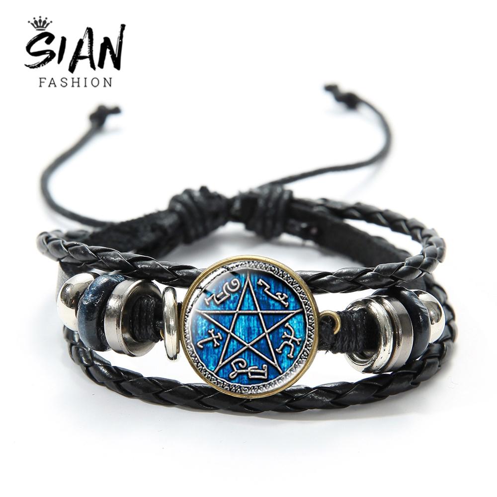 SIAN Supernatural Dean Leather Bracelet Popular TV Supernatural Sam Pentagram Sign Glass Time Gem Adjustable Beaded Bracelet