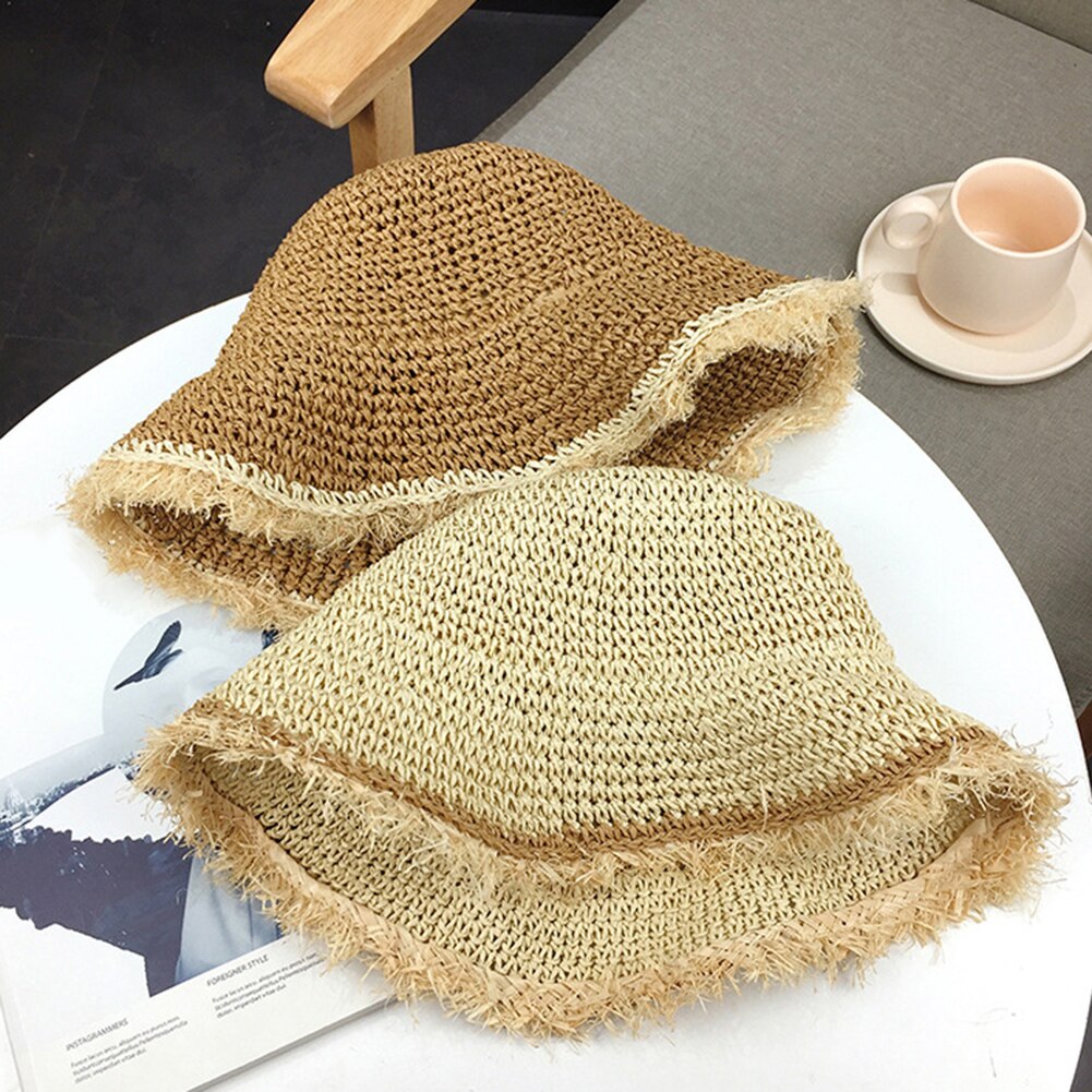 Summer Women Straw Sun Hats Crochet Knit Straw Hat Wide Wavy Brim Sunscreen Beach Cap Sunhat Beach Straw Sun Caps For