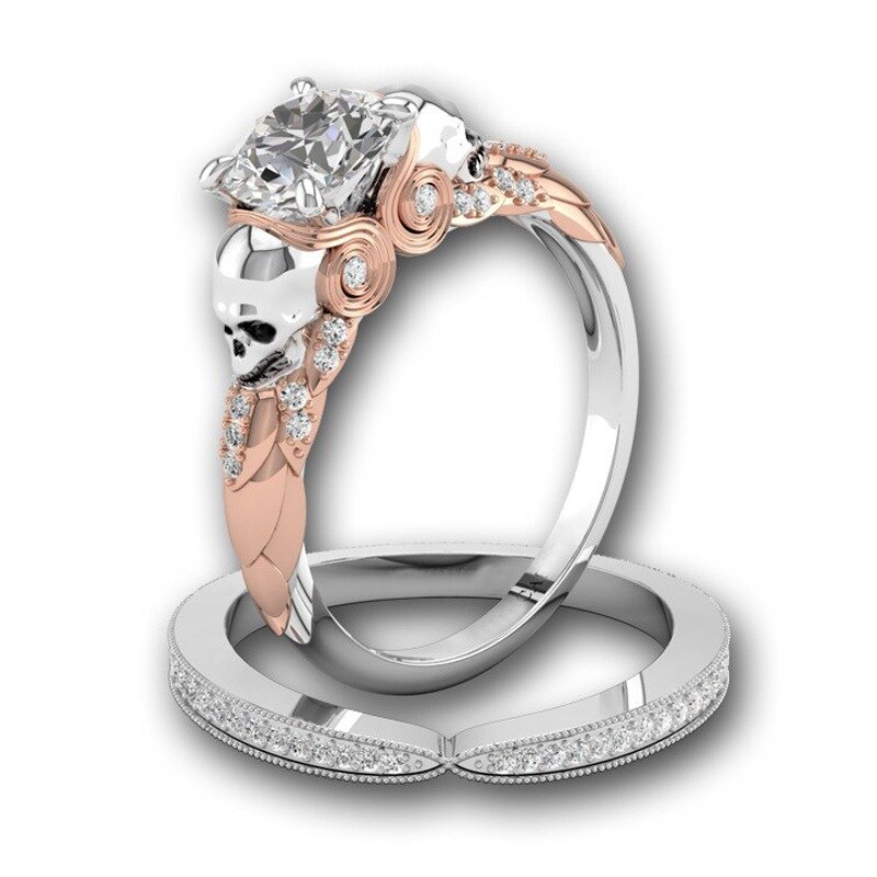 Cc Set Ringen-Voor-Vrouwen Trendy Sieraden Creatieve Schedel Ring Zirconia Diamant Dubbele Paar Bijouterie Accessoires CC2057: 6 / Rose Gold Color