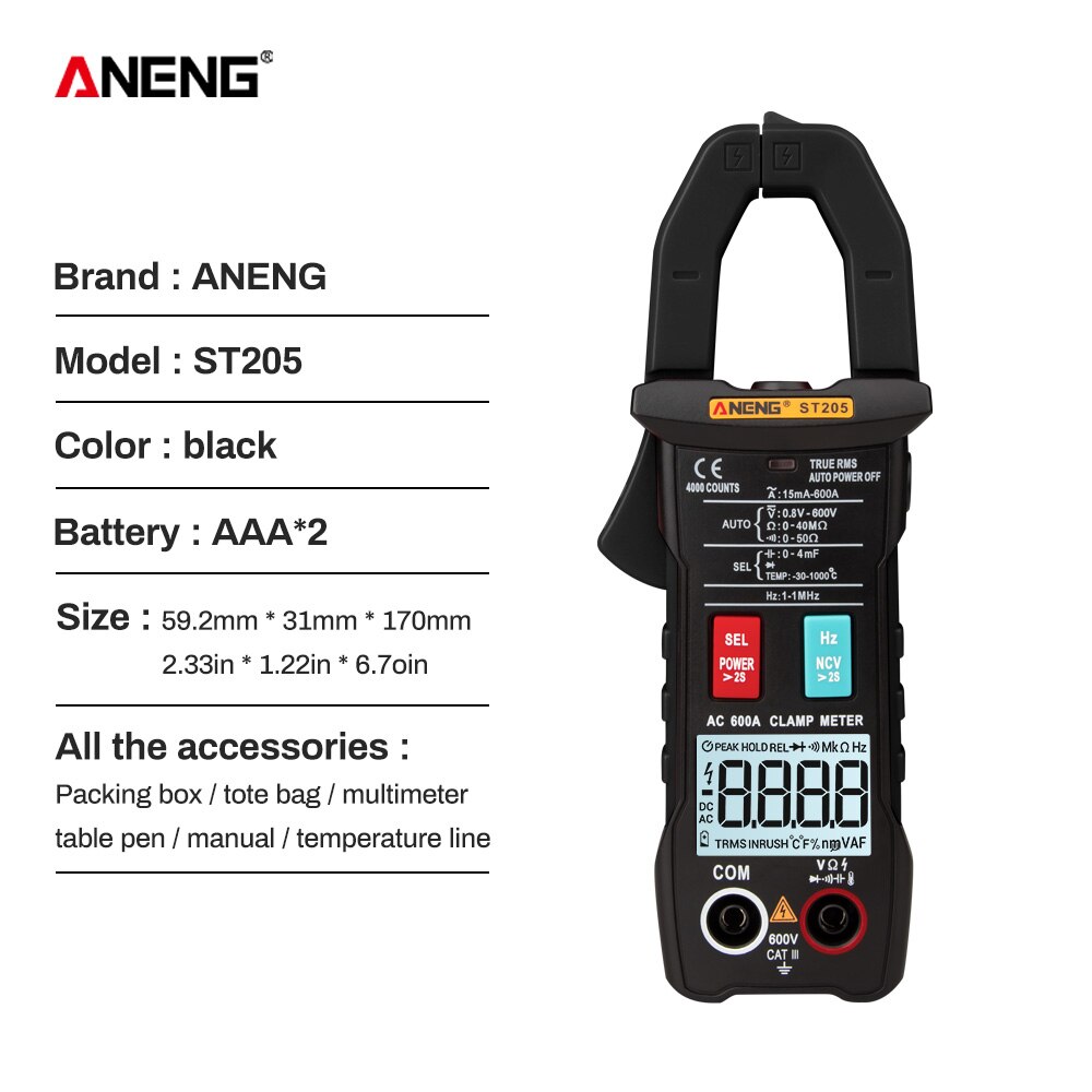 ST205 Digital Clamp Meter Analog Multimeter Current Clamp DC/AC Intelligent AUTO range meter with temperature tester: Black