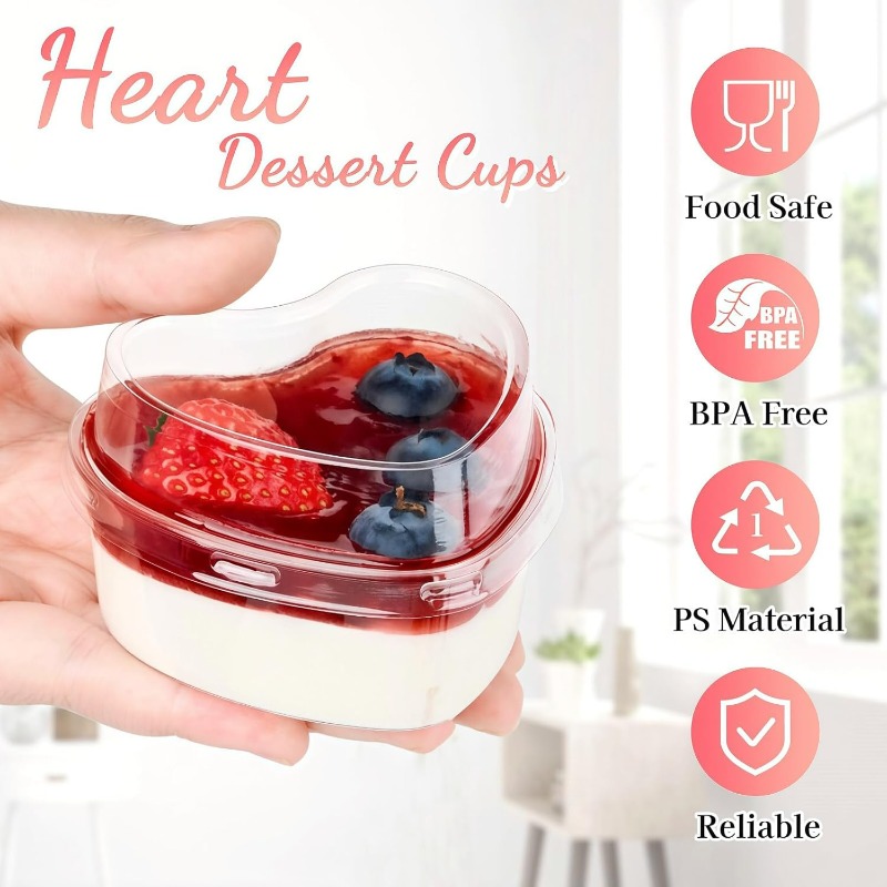 5/20x Wegwerp Plastic Bekers Met Deksels Hartvormige Doorzichtige Dessertbeker Puddingcontainer Voor Ijstaart Fruit Yoghurtkommen