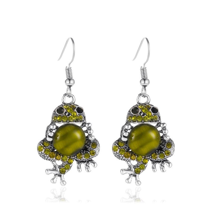 Novo bonito opala cristal strass sapo balançar brincos anel elástico pingente colar animal broche conjunto de jóias do vintage: earrings