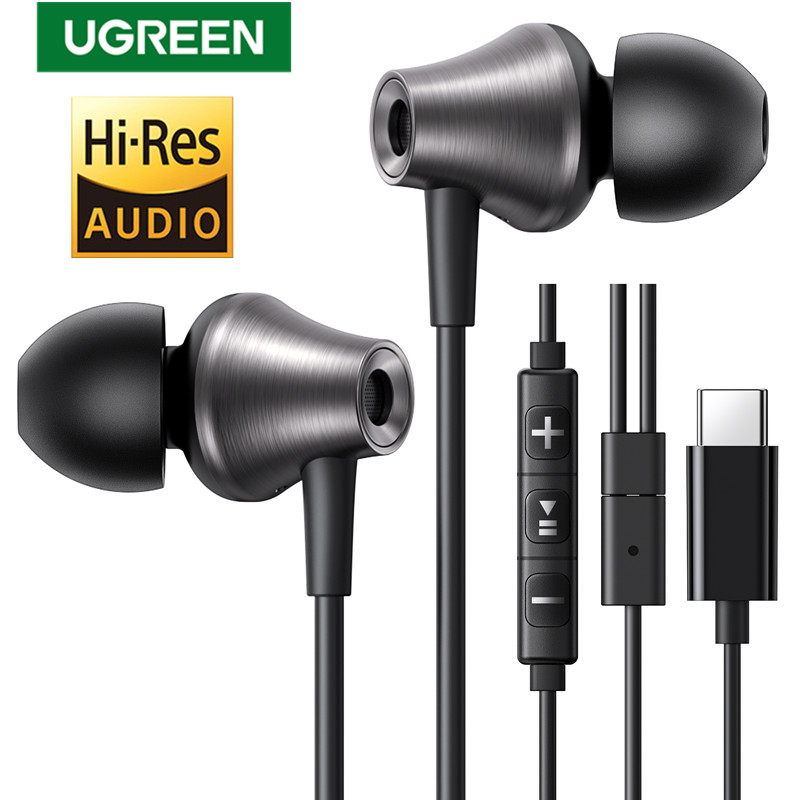 UGREEN Przewodowe słuchawki douszne USB typu C 3,5 mm z mikrofonem, przewodowe słuchawki douszne HiFi Stereo, dla większości z gniazdem 3,5 mm