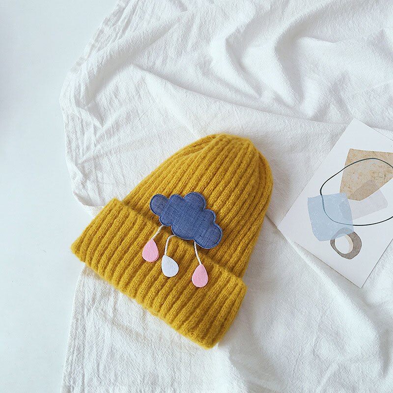 Herfst winter baby mutsen kinderen jongens meisjes mooie wolken gebreide muts effen kleur warme mutsen: Geel