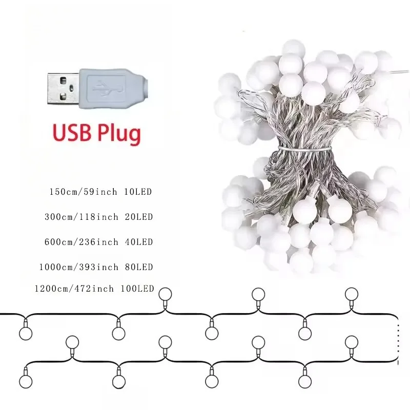 Guirnalda de luces LED con bola de alimentación por USB/batería de 12M, guirnalda de luces para exteriores, guirnaldas de luces para jardín, decoración navideña para bodas