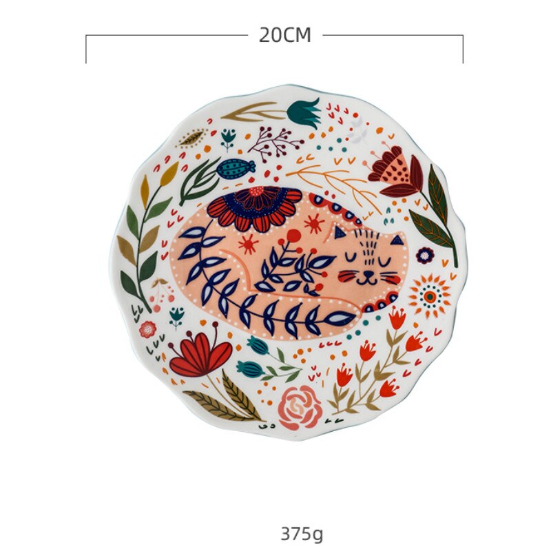 8inch Hand-painted Cat Dinner Plate Under-glazed Ceramic Dish Dessert Tray Flower Kitten Microwave Dinnerware YHJ021201: A