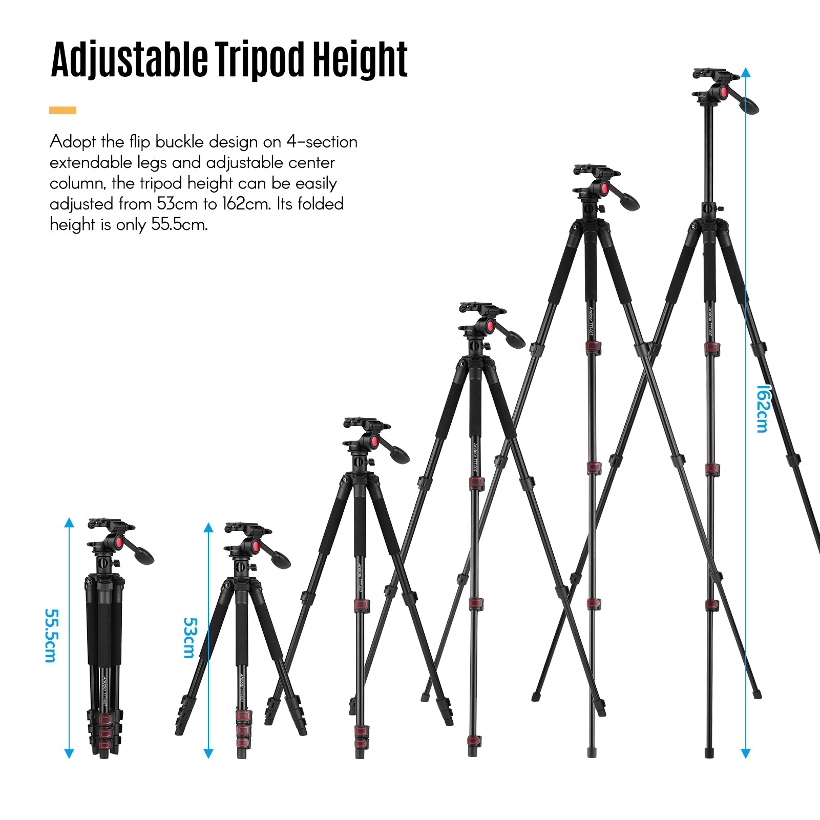 Tripé de câmera andoer de 162cm, tripé de liga de alumínio + cabeça de tripé de 3 vias para câmeras dslr ildc com carga máxima de 8kg