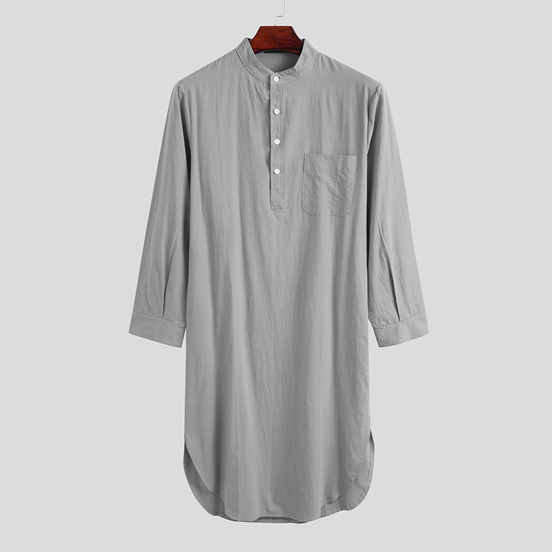 Abaya-Robe musulmane à manches longues pour homme, chemise de nuit en coton, longueur genou, tunique arabe, chemises noires, jubba, thobe blanc: XL / GRIS