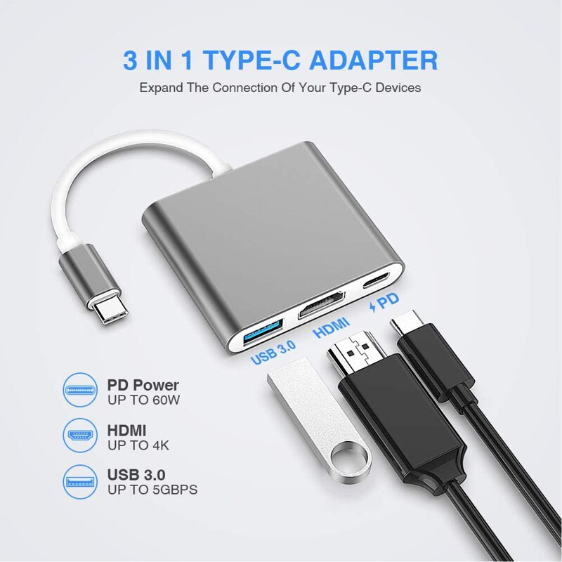 Adaptador 4K tipo C a HDMI USB Hub Splitter con carga USB 3,1 a Hdmi convertidor