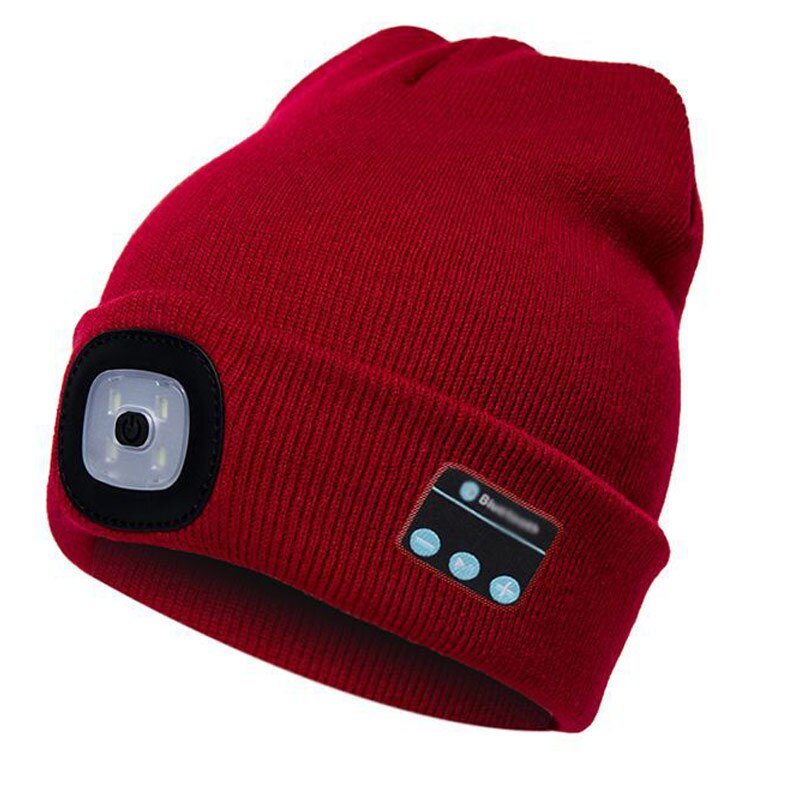Sombrero de punto abrigado con Bluetooth, gorro con música, Auriculares deportivos estéreo inalámbricos, luz LED, para acampar, senderismo, pesca y montar: Rot