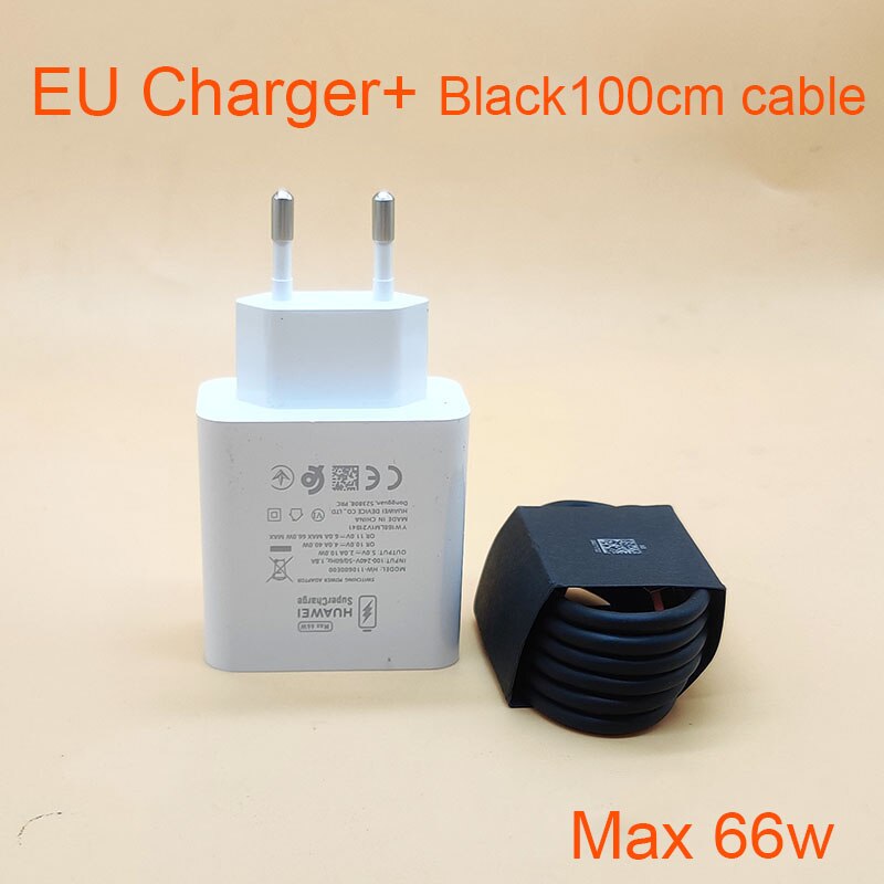 Original HUAWEI Charger 66W Fast charge adapter SuperCharge USB 6A Type C Cable For p50 p40 Mate 40 pro honor 50 nova 9 magic 3: EU Charger B Cable