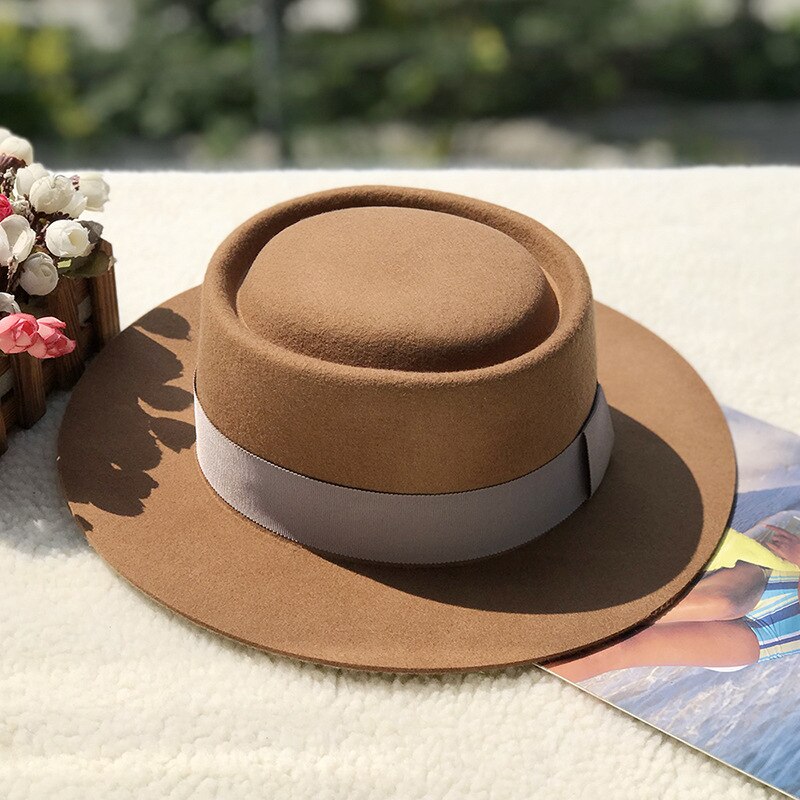 01911- fcm 368 britisk stil uldring flad fedoras kasket mænd kvinder panama jazzhat: Khaki
