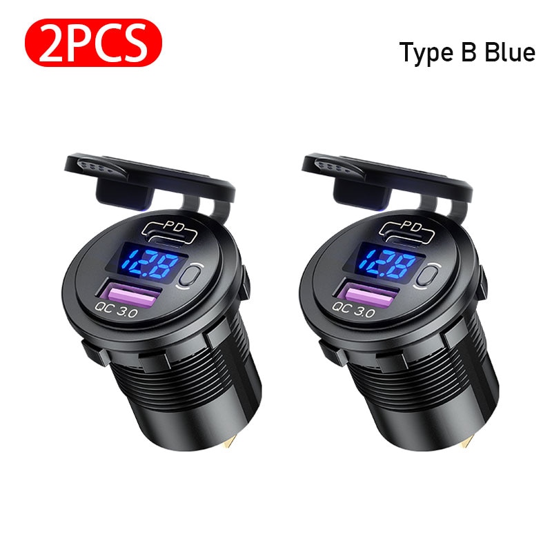 12V-24V ładowarka samochodowa USB QC3.0 5V 3A USB automatyczny gniazdo szybkie ładowanie PD Port zapalniczki wodoodporna 12V ładowarka accesori: rodzaj B niebieski 2szt