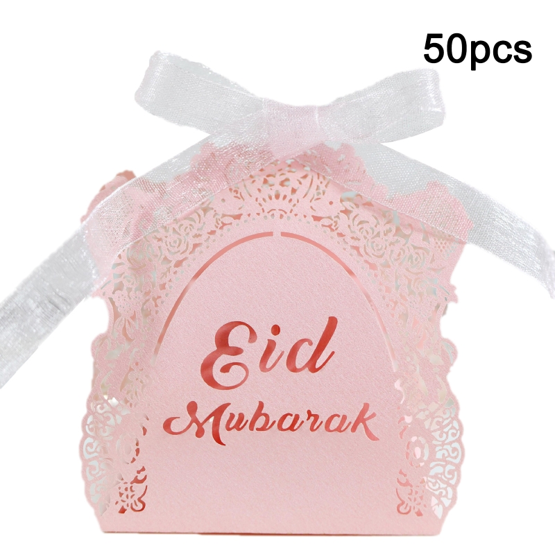 50pcs Eid Mubarak Candy Box Ramadan Decoration Hollow Wedding Party Favor Chocolate Boxes with Ribbons: PK-1