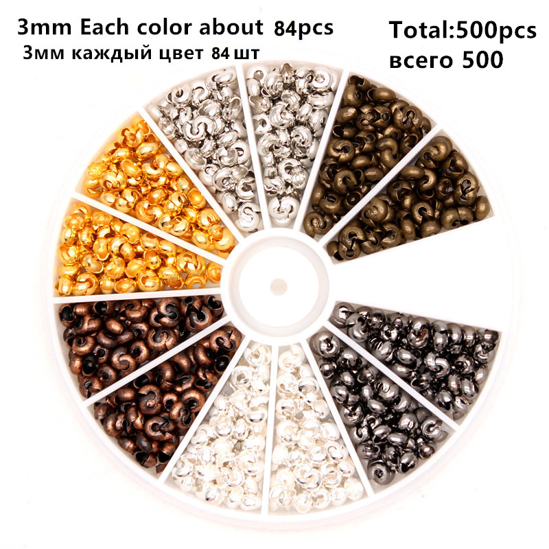 Capas para jóias 500 pçs/caixa 6 cores 3mm, metade aberta de contas de latão aberto contas de crimpagem tampas de nó pontas de extremidade para jóias fabricações: Crimp bead style 1