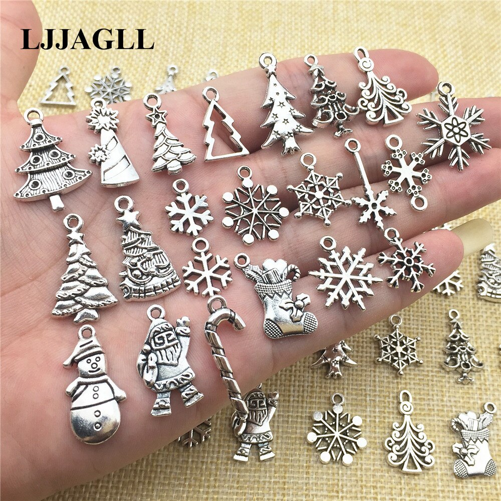 20 piezas de plata tibetana con varios tipos de dijes de Navidad, árboles, copos de nieve, colgantes de Papá Noel, apto Diy, hallazgos de joyería Diy, Make ASD056