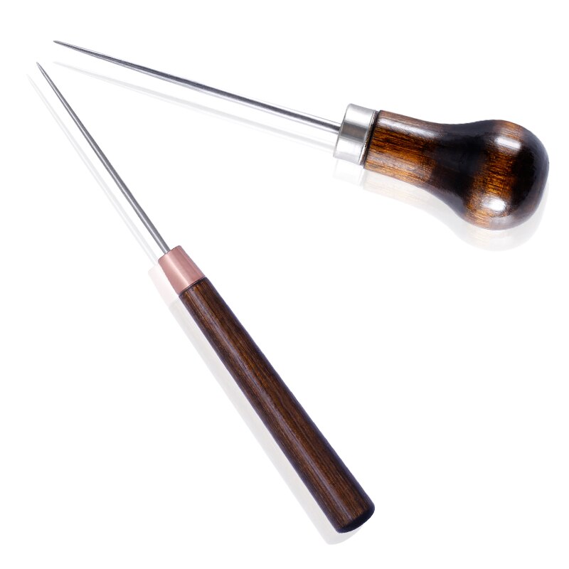 KAOBUY 2PCS Wood Handle Awl Leather Straight Awls Hole Puncher Drills Leather Punching Tools For Leather Hand Stitching