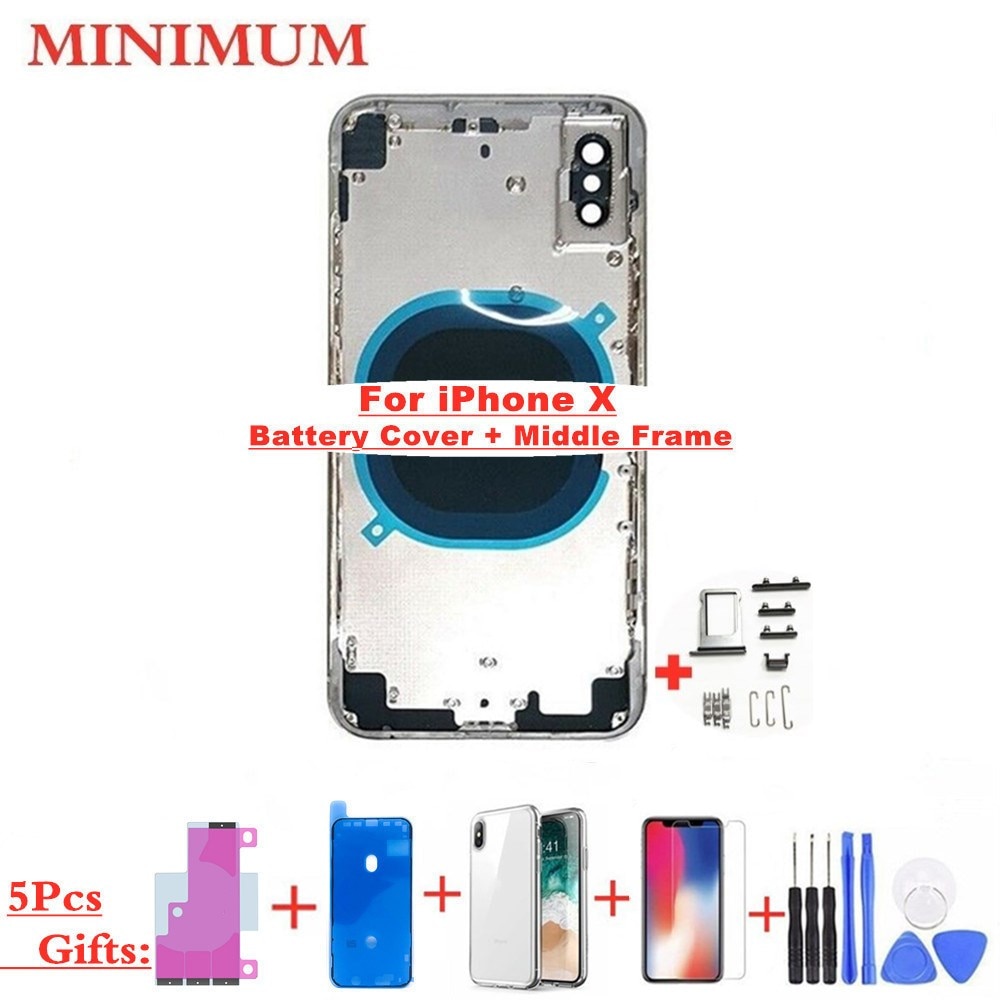 For iphone x xs max xr batteri bakdeksel + midtre chassisramme + simbrett + sidenøkler husdeksel ingen flexkabel