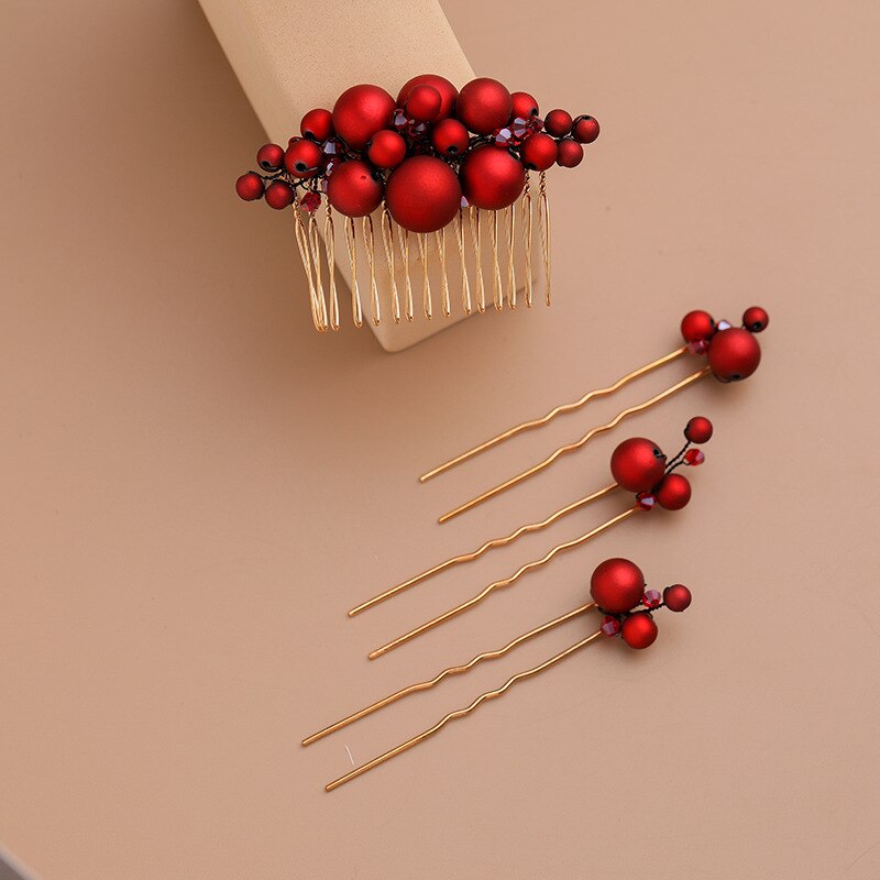 Sombreros, Juego de cepillos para el pelo tejidos a mano rojos, accesorios de horquilla con perlas, accesorios de boda