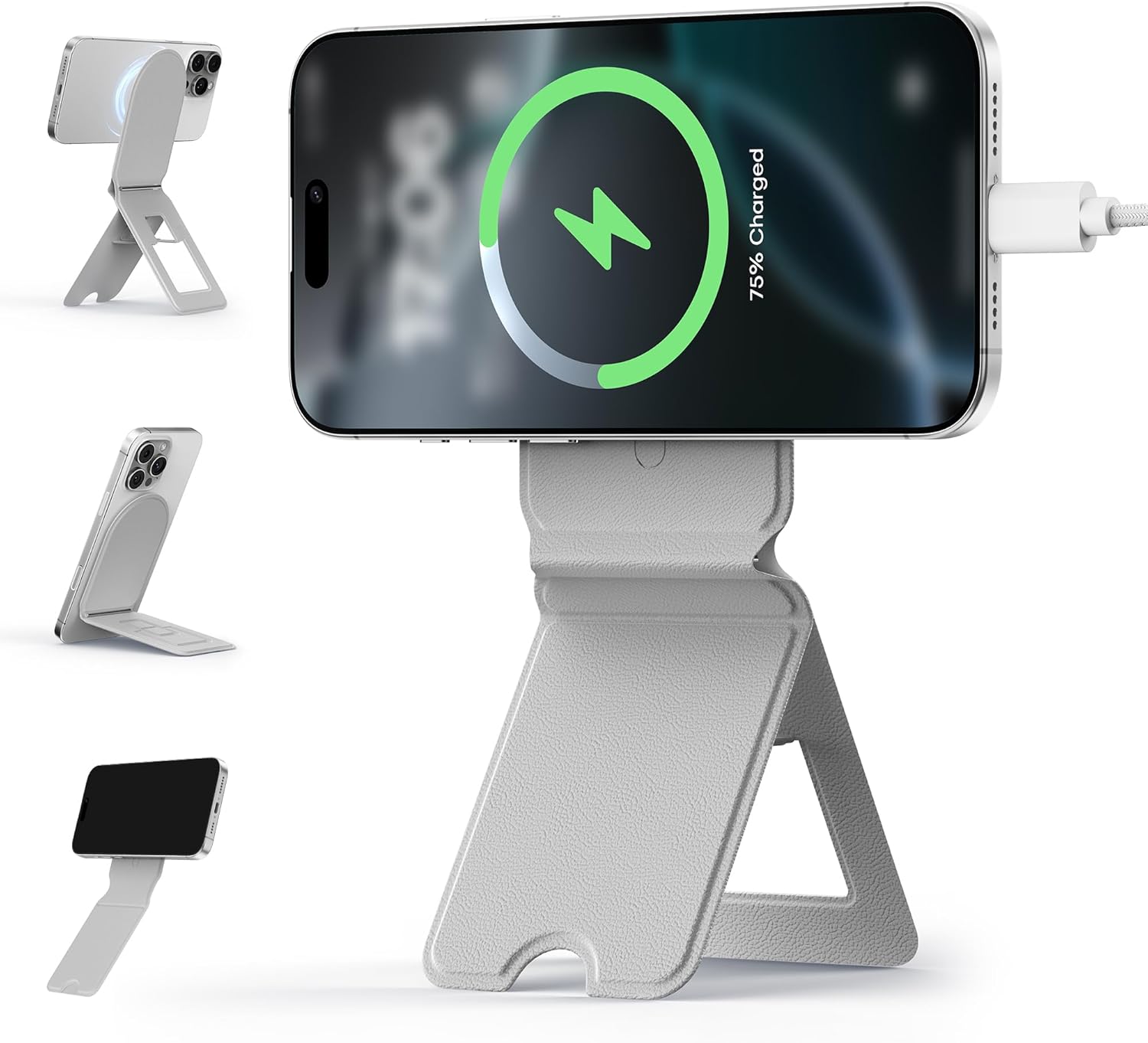 Hopfällbar telefonhållare, fickstativ för mobiltelefon, magnetiskt skrivbordsstativ för smartphone, vloggpinne i veganskt läder för iphone: Silver-