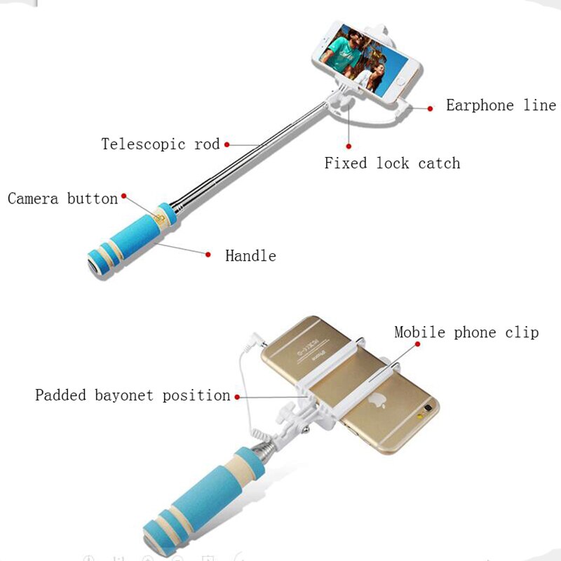 Mini Selfie Stick Met Button Wired Katoen Materiaal Handvat Monopod Universele Voor Mobiele Telefoon