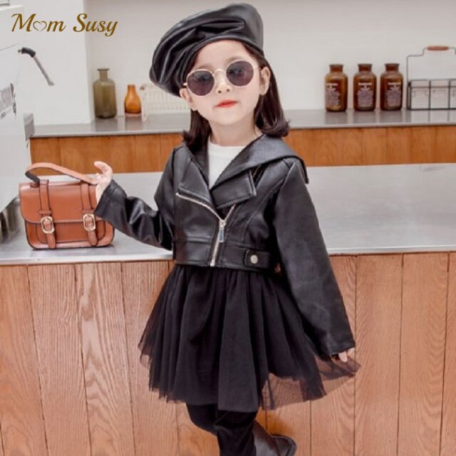 Moda bebê menina jaqueta de couro do plutônio primavera outono criança crianças couro tutu casaco moda chaqueta outwear roupas preto 1-7y: 100