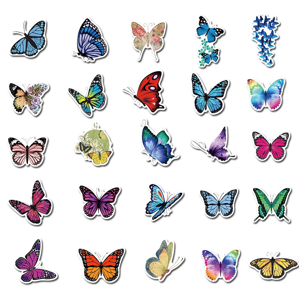 50pcs Butterfly Stickers for Laptop Skateboard Guitar Suitcase Stationery Fridge Bottle Decals DIY Stickers Toys