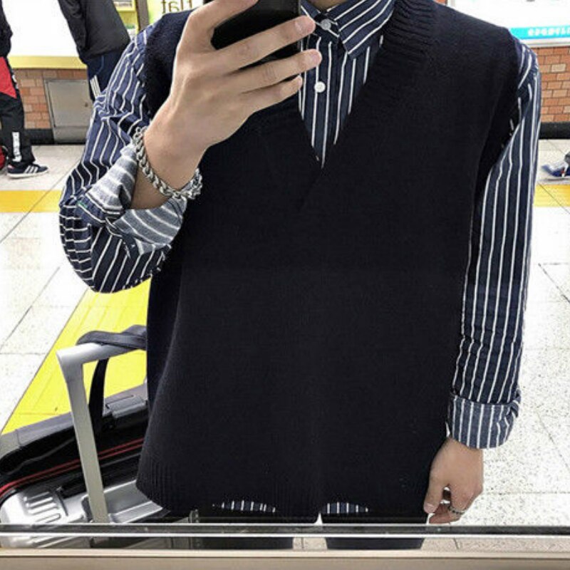 Sweater Vest Men V-neck Sleeveless Solid Simple All-match Leisure Mens Knitted Vests 2XL Oversize Chic Preppy Style Daily
