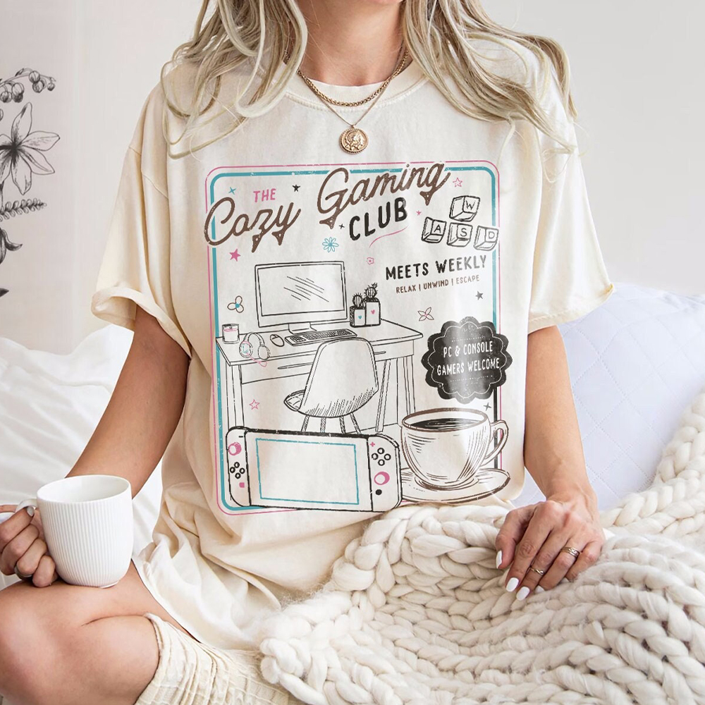 Damen Rundhalsausschnitt, gemütliches Spielen-Verein-T-Shirt, für Mädchen, Gamer, 100 % Baumwolle, lockeres retro-Schulshirt, unisex-T-Shirt, Fantasy-Bekleidung, Y2K-oben: L / Beige