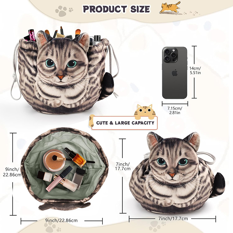 Leuke kat make-up tas trekkoord sluiting 3D kat hoofd platte cosmetische tas cadeau voor vrouwen kattenliefhebbers reisorganisator tas
