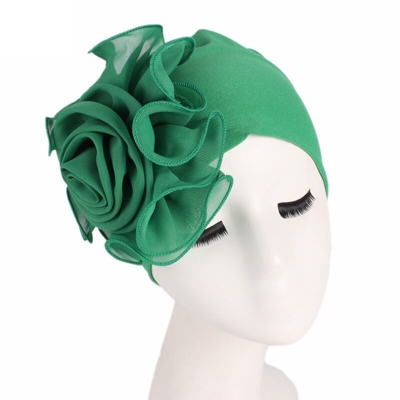 Turbante elástico de flor grande para mujer, gorro de la India, gorros para el pelo, gorro para el pelo para dormir, accesorios de estilismo de belleza: green