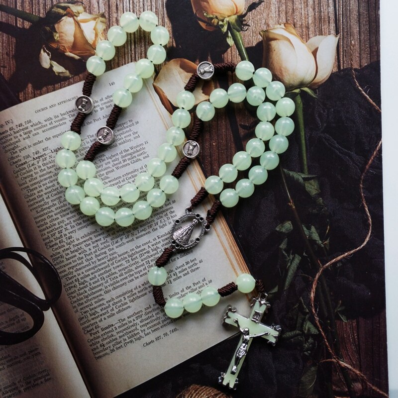 10mm Rosary Beads Luminous Necklace Jesus Crucifix Cross Pendant Necklaces Glow in Dark Religious Jewelry for Men Women