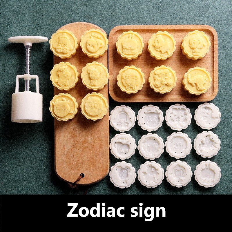12 Chinese zodiac Flower Mooncake Mold Set Mid Autumn Festival DIY Hand Pressure Fondant Moon Cake Mould Decoration Tool