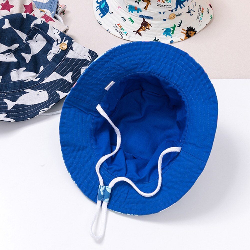 Sommer babyhat til piger drenge børn spandehat børn tegneserie dyreprint bred skygge anti-uv fiskerhat hagestrop spandhætte