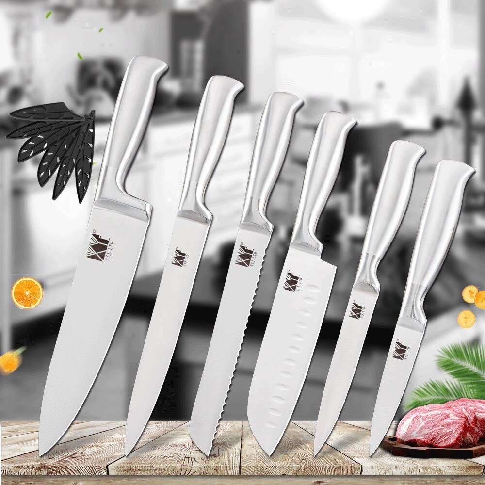 XYj-Juego de cuchillos de cocina de acero inoxidable, rebanador de pan de Chef, Santoku, Utilidad de pelar, soporte de cuchillo de acero inoxidable