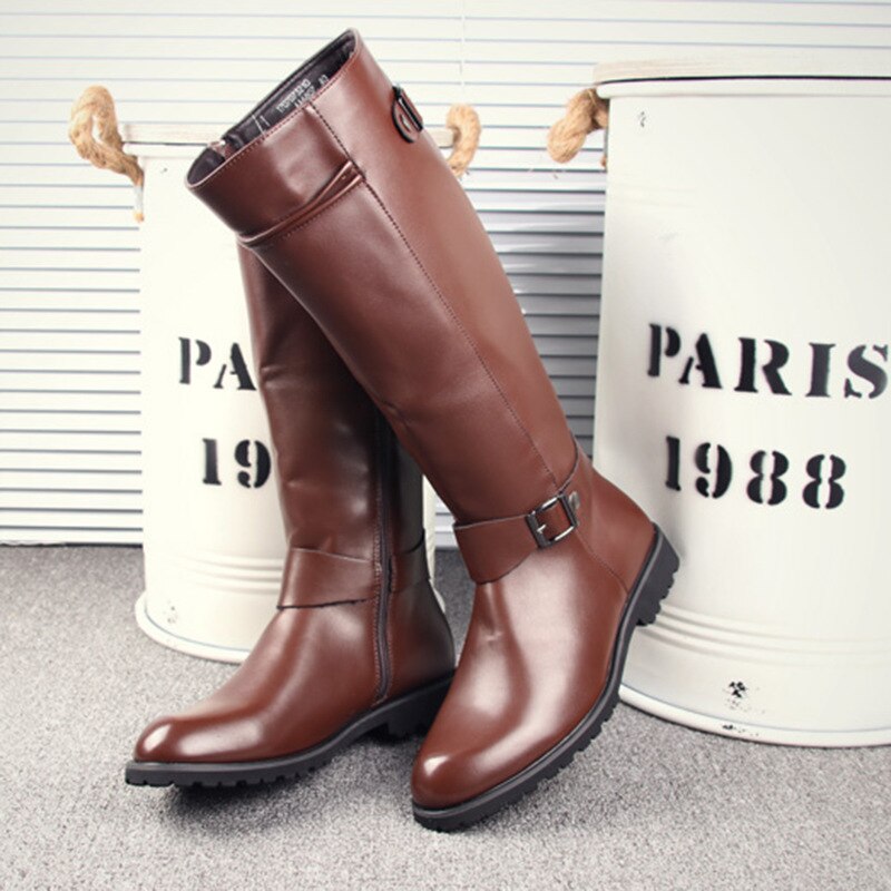 ERRFC – chaussures montantes en cuir PU pour hommes, bottes de Cowboy à bout rond de 44cm, avec boucle marron, pour les loisirs, tendance
