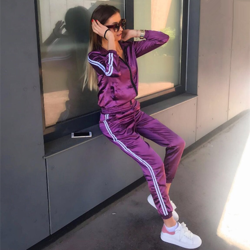 Satin two piece set tracksuit for women top and pants set spring womens casual sweat suits fitness outfits AC-94