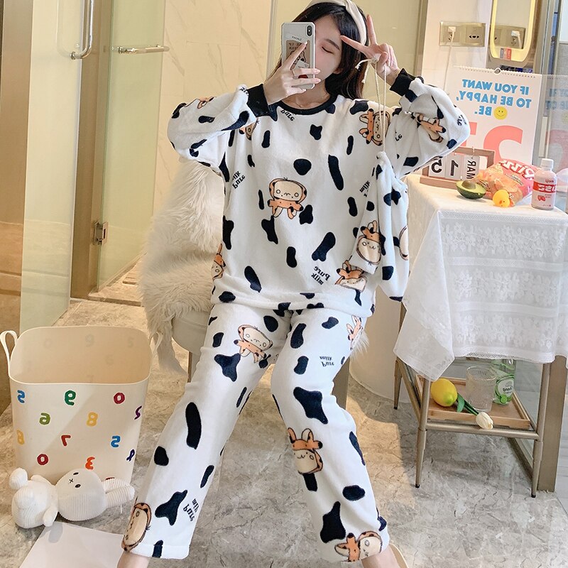 Conjunto de pijama de franela cálida para mujer, ropa de dormir de manga larga, Top y pantalón largo, 3 piezas