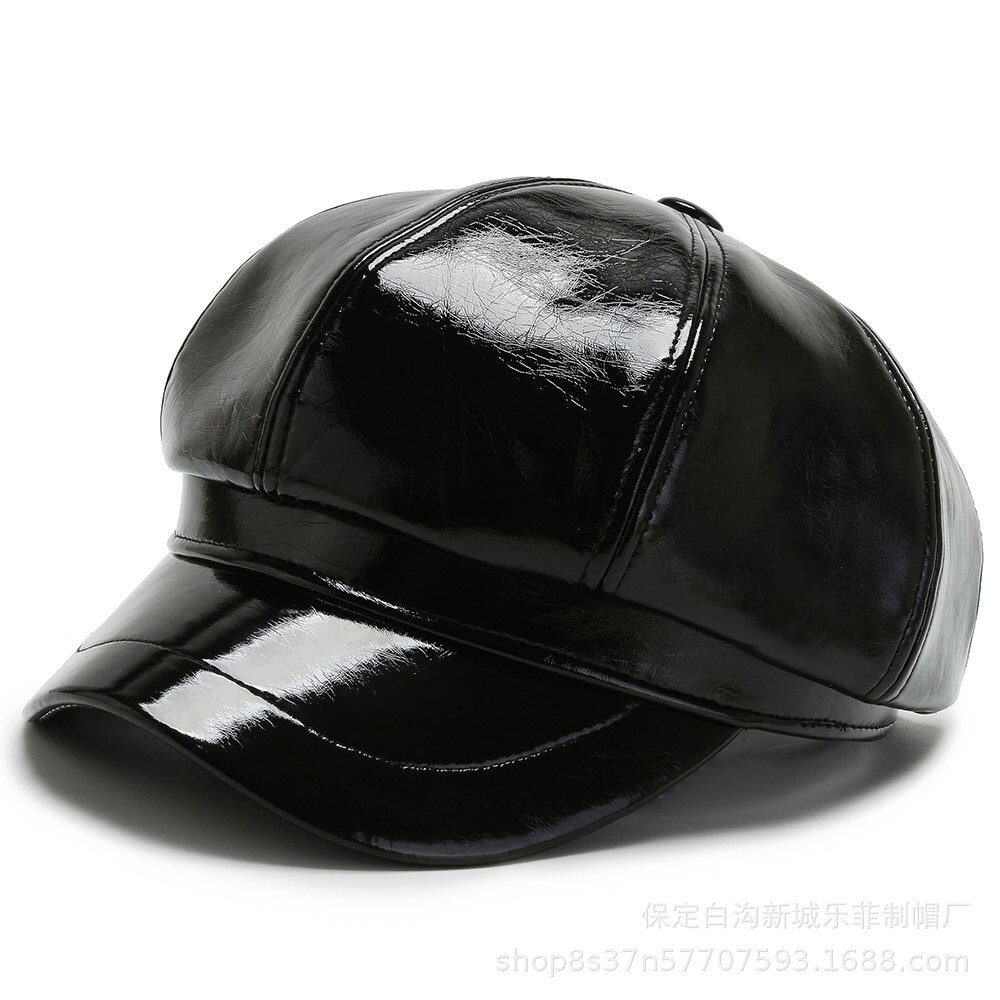 HOAREE rouge casquette gavroche femmes Vintage en cuir Pu automne hiver chapeaux pour femmes solide dames béret femme octogonale chapeau: Black