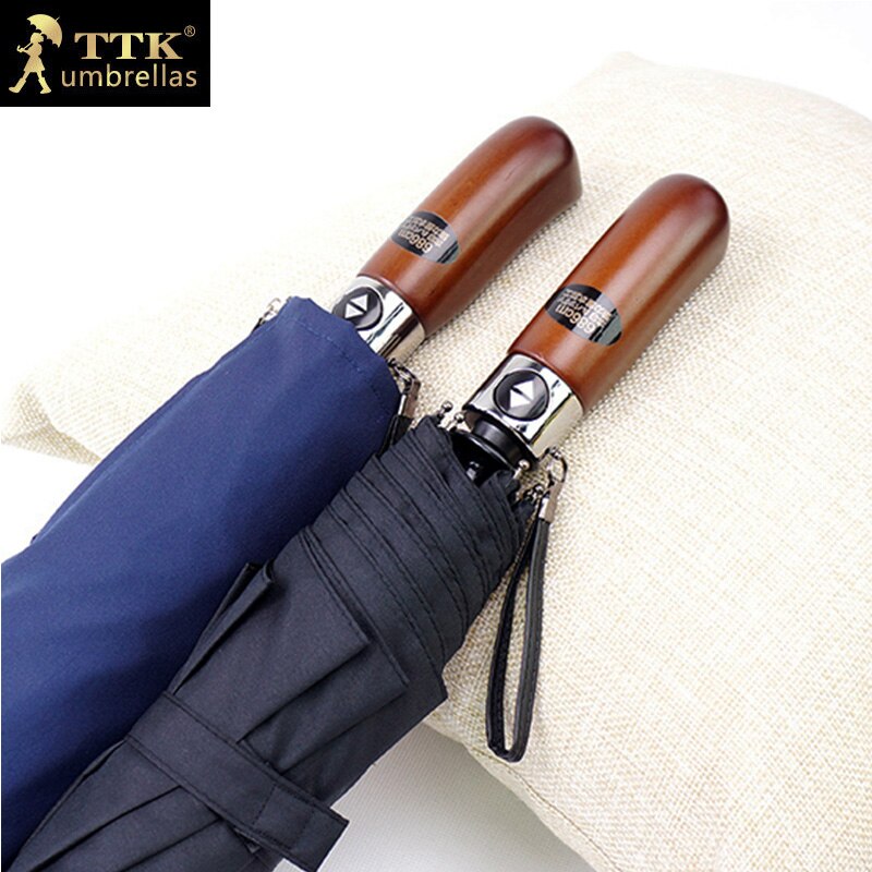 Dubbele lagen grote paraplu mannen automatische paraplu winddicht TTK regen 3 vouwen houten handvat vissen mannelijke parasol voor man