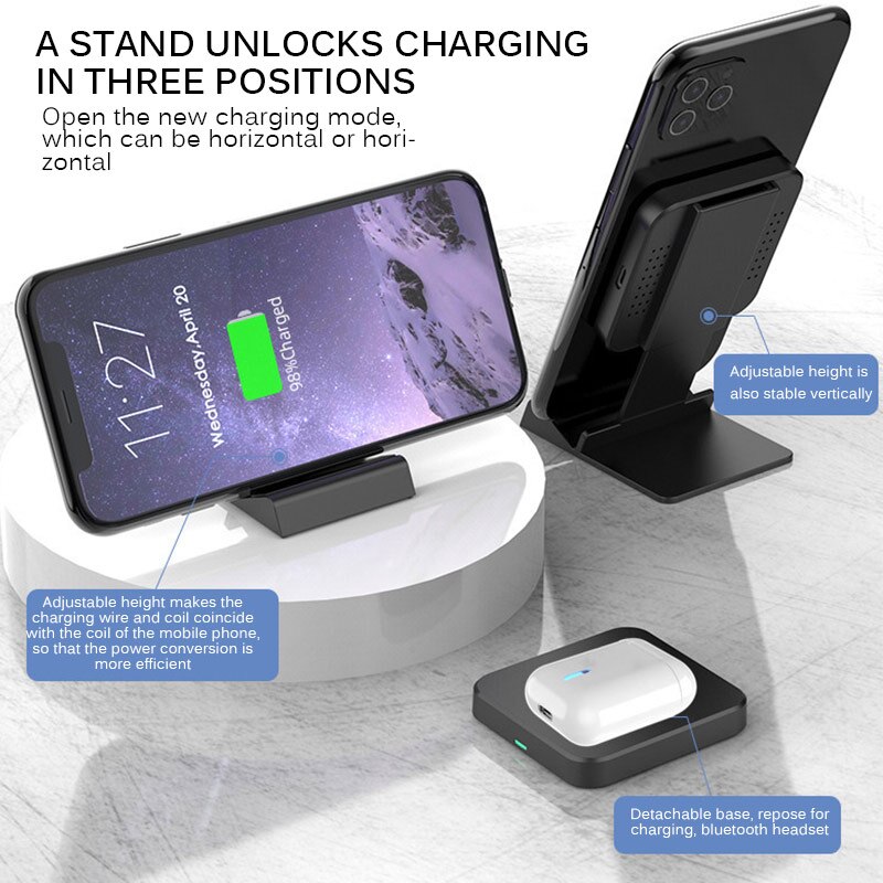 15w draadloze opladers, staande snellader, opvouwbare multifunctionele draadloze oplader voor iphone en samsung