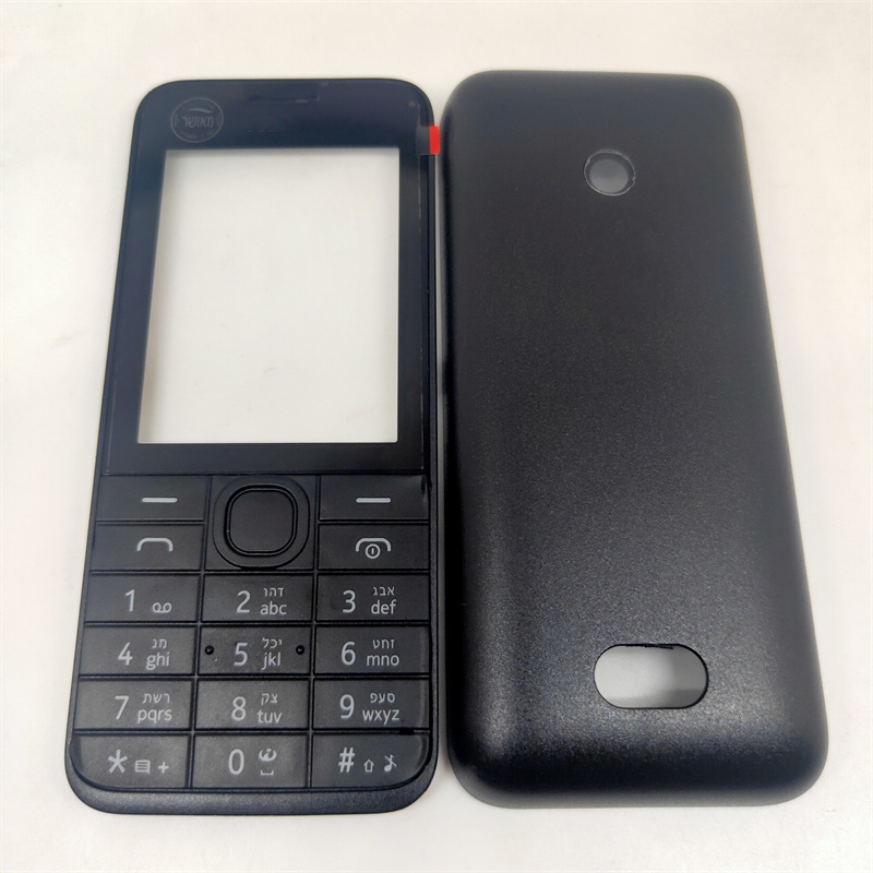 Für Nokia 208, vollständig komplettes Handy-Gehäuse, Schutzhülle + englische Tastatur und hebräische Tastatur-Ersatzteile: Black