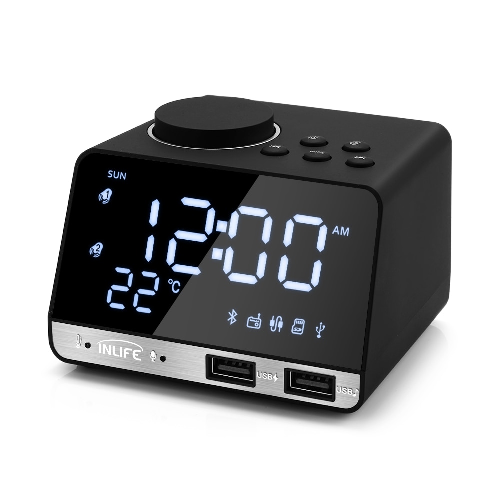 K11 Bluetooth 4.2 Radio Alarm Clock Speaker With 2 USB Ports LED Digital Alarm Clock Home Decration Snooze Table Clock EU Plug