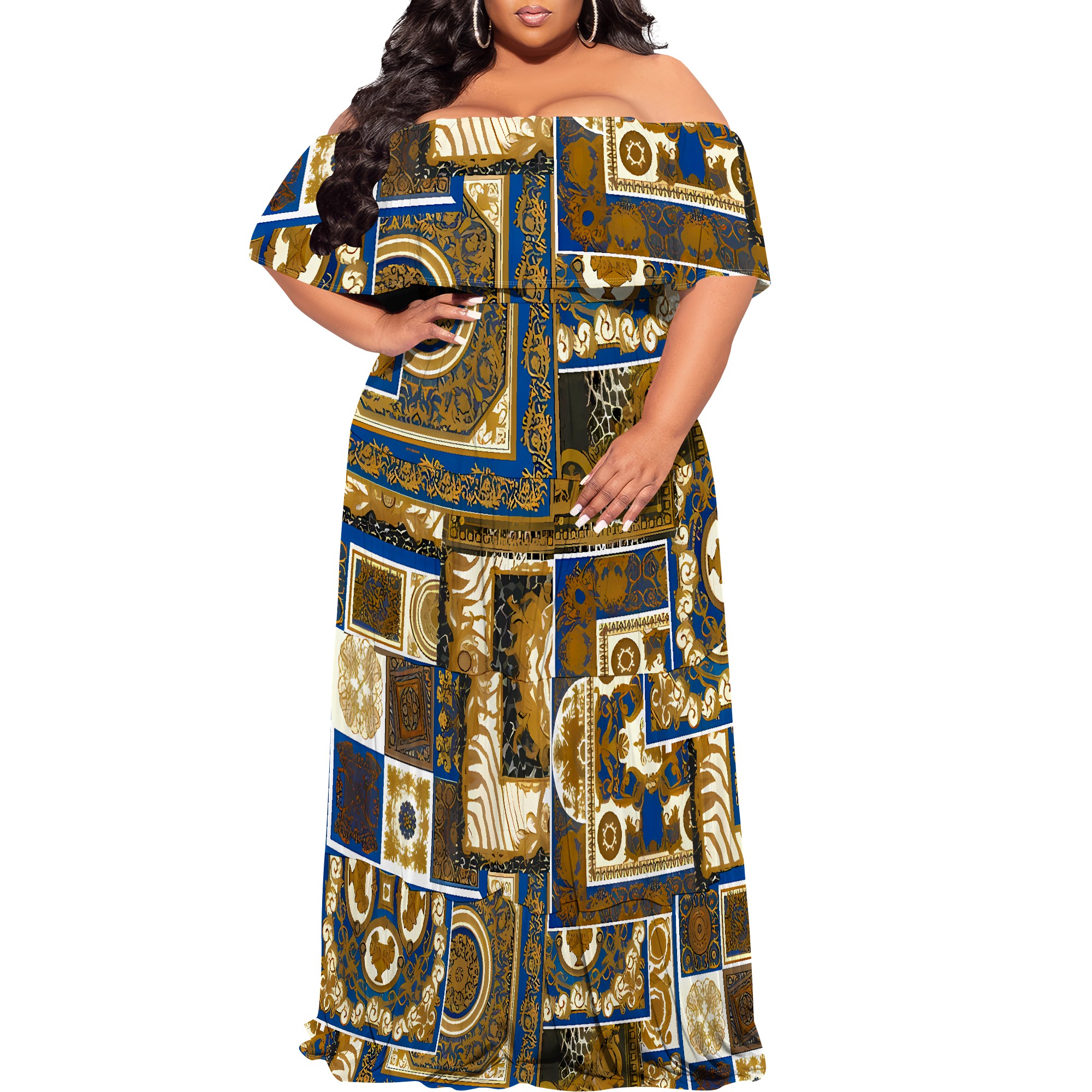 Afrikansk print off-shoulder maxikjole - boho tribal festtøj til kvinder: 6xl / Grå