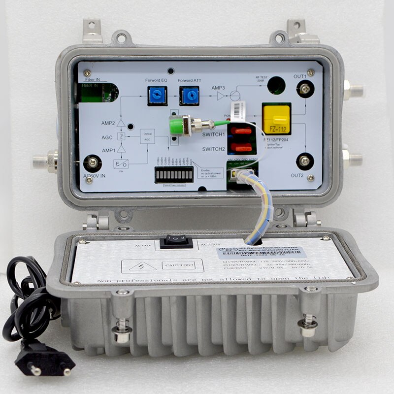 Neue AGC Optischen Empfänger Zwei Ausgangs Kabel TV Digital Analog Signal Ultra-Niedrigen Erhalt CATV Optische Übertragung Ausrüstung: FC APC 6V 220V