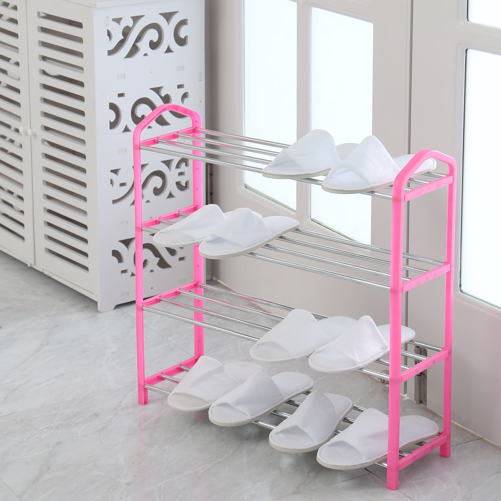 3/4/5 Tiers Modern Shoe Rack Shoe Hanger Solid Room Organizer Multi-layer Shoes Shelf Multi-functional Bedroom Storage Household: 4 Layers L  pink