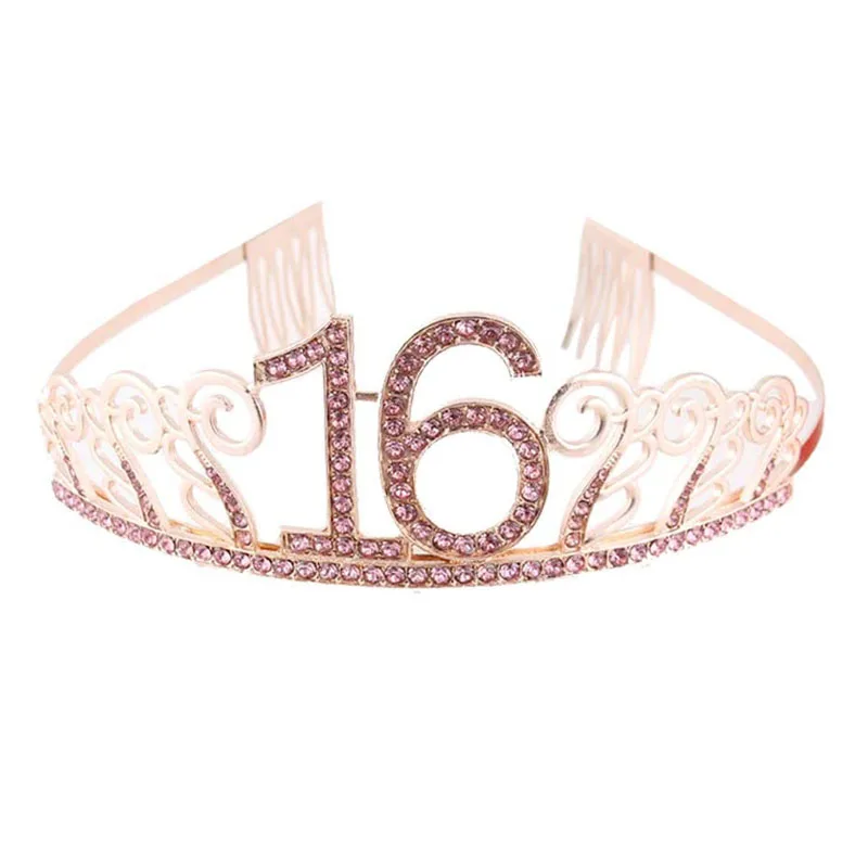Sweet 16 Birthday Party Tiara Crown Headband Satin Sash for Girl 16th Birthday Princess Party Decoration Cake Topper Favor