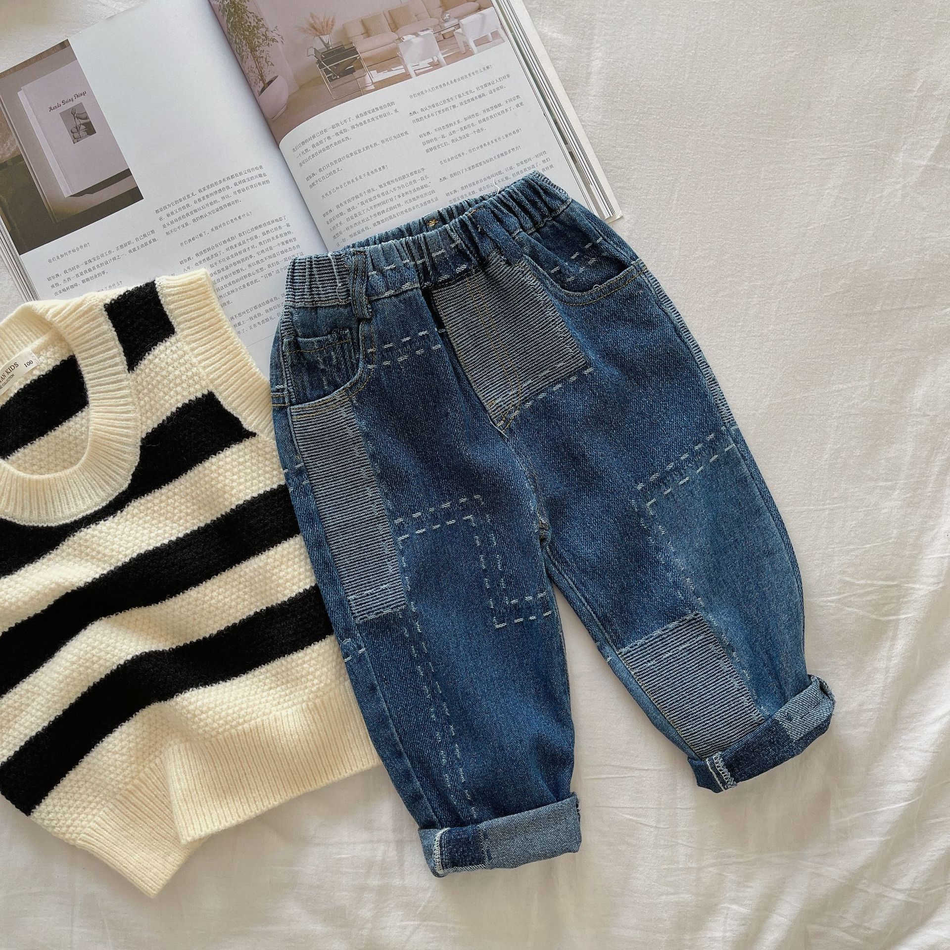 Children's Jeans Autumn Girls and Boys Personality Line Patchwork Color Jeans Casual Pants: b / 18M