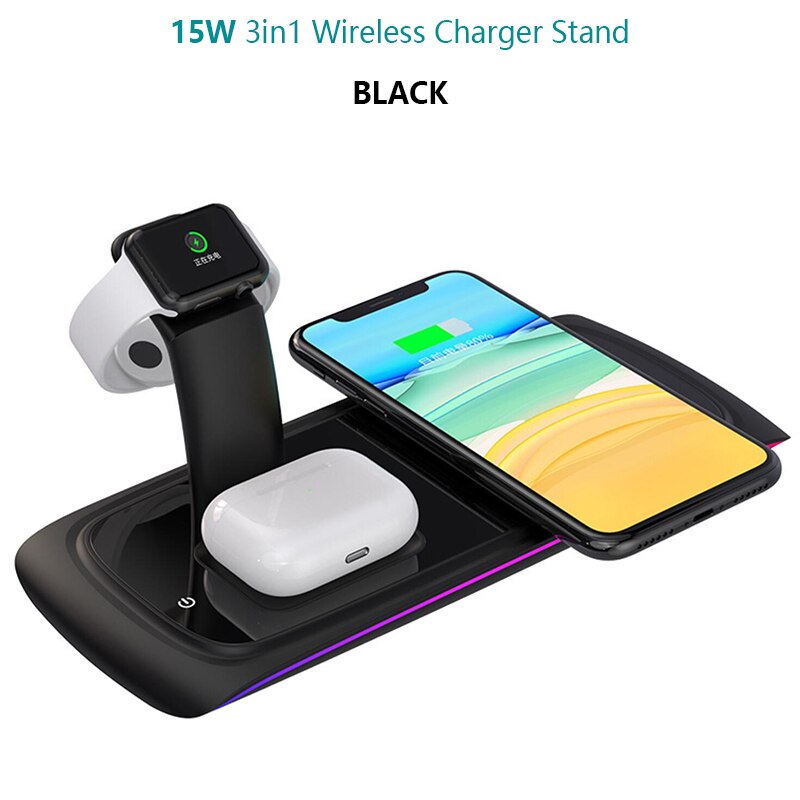 15W Snelle Qi Draadloze Lading Universele 3 In 1 Draadloze Oplader Voor Iphone 11 Xs Iwatch Airpods Pro Telefoon stand Laadstation: Black